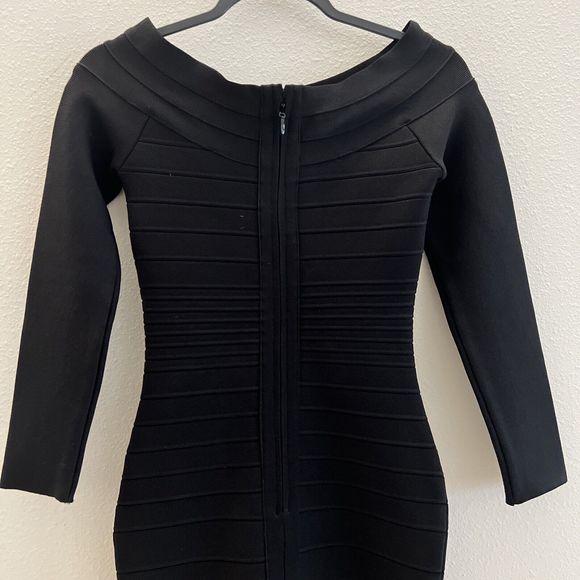 HERVE LEGER Black BANDAGE Zip-Up STRETCH RIB KNIT Bodycon MINI DRESS Sz L - Picture 5 of 12